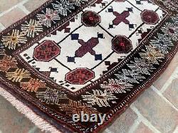 2.3x3.5 Tribal Afghan Vintage Handmade Gorgeous Baluchi White Bukhara Small Rug