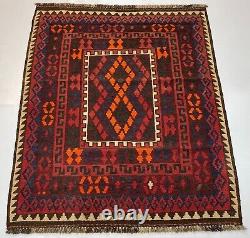 3.3x3.10 Handmade Afghan Antique Turkmen Geometric Tribal Kilim Wool Area Rug