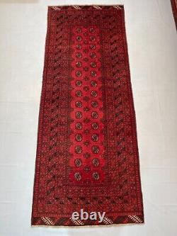3.5x8.9 Antique Turkmen Red Wide Runner Bukhara Oriental Mouri Gul Hallway Rug