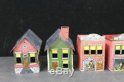 6 Vintage Tin Buildings Candy Containers Drug Store House School Garage Theatre