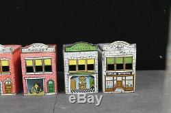 6 Vintage Tin Buildings Candy Containers Drug Store House School Garage Theatre