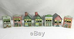7 Vintage Tin Buildings Candy Containers Drug Store House School Garage Theatre
