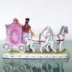 DRESDEN Carriage Figurine With Horses Golden Accents GLAZED Germany 1950s Marked
