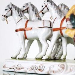 DRESDEN Carriage Figurine With Horses Golden Accents GLAZED Germany 1950s Marked