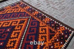 Diamond 8x10 Afghan Orange Red Blue Handmade Wool Geometric Vintage Bedroom Rug