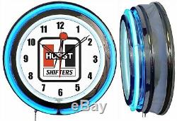 Hurst Shifters 19 Blue Double Neon Clock Man Cave Garage Shop Bar Store Racing