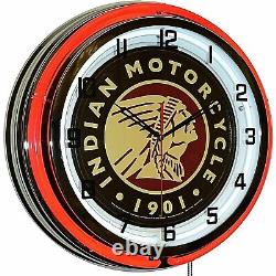 Indian Motorcycle 1901 Sign 19 Red Neon Clock Man Cave Garage Shop Store Bike