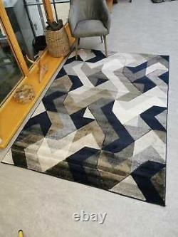 Navy Blue Area Rug Geometric Living Room Rugs Small Large Cosy Non Shed Carpets