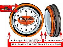 Oilzum Motor Oil 19 Double Neon Clock Orange Neon Man Cave Garage Shop Store