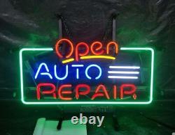 Open Auto Repair 24x20 Neon Sign Lamp Light Real Glass Shop Garage Store Wall