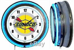 Sunoco Gas Oil 19 Double Neon Clock Blue Neon Man Cave Garage Shop Store