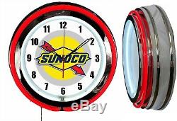 Sunoco Gas Oil 19 Double Neon Clock Red Neon Man Cave Garage Shop Store