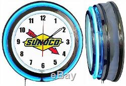 Sunoco Logo Gas Oil 19 Double Neon Clock Blue Neon Man Cave Garage Shop Store