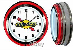 Sunoco Logo Gas Oil 19 Double Neon Clock Red Neon Man Cave Garage Shop Store