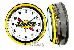 Sunoco Logo Gas Oil 19 Double Neon Clock Yellow Neon Man Cave Garage Shop Store