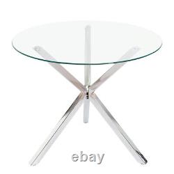 Tempered Glass Round Dining Table and 2/4 Chairs Set Faux Leather Chrome Legs UK