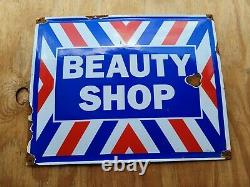 Vintage Beauty Shop Porcelain Sign Ladies Hair Salon Barber Gas Store Oil Garage