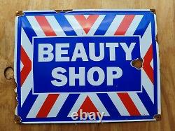 Vintage Beauty Shop Porcelain Sign Ladies Hair Salon Barber Gas Store Oil Garage