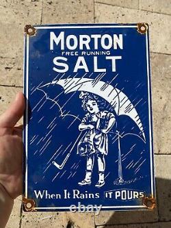 Vintage Morton Salt Porcelain Sign Oil Gas Station Store Kitchen Garage Market