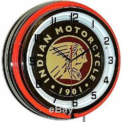 19 Indian Motorcycle 1901 Red Sign Neon Clock Man Cave Garage Boutique Bike Store