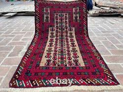 2,10 x 5 Tapis Afghan Baluchi Vintage à Prière Noué à la Main Haut Pile Tapis Turkmène Antique