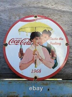 Ancien Panneau De Porcelaine Coca Cola Rare 1968 Garage Coke Soda Gas Oil 12 Store