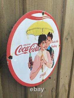 Ancien Panneau De Porcelaine Coca Cola Rare 1968 Garage Coke Soda Gas Oil 12 Store