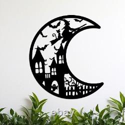 Art mural en métal d'Halloween, sorcière sur un balai volant à travers la nuit, hantée