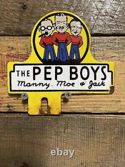 Enseigne en porcelaine vintage Pep Boys pour magasin de pièces automobiles, toit de garage, stations-service et huile.