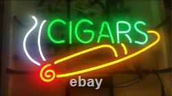 Enseigne lumineuse au néon vert Lit Cigars, ouverte, boutique de garage, œuvre d'art en verre véritable 14x10