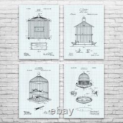 Ensemble de 4 affiches de brevets de cage à oiseaux - Art pour animalerie - Cadeau pour gardien d'oiseaux - Amoureux des animaux