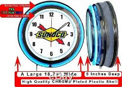 Sunoco Logo Gas Oil 19 Double Neon Neon Blue Clock Man Cave Garage Boutique Boutique