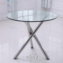 Table à café latérale ronde en verre moderne pour 2 à 4 personnes avec pieds en acier et chaises en PU