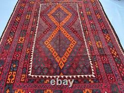 Tapis afghan fait main en laine usée, rouge vintage des années 1960, antique et de grande taille 6x9 ft