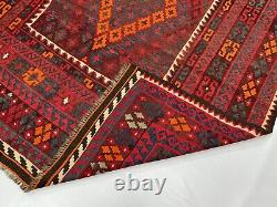 Tapis afghan fait main en laine usée, rouge vintage des années 1960, antique et de grande taille 6x9 ft