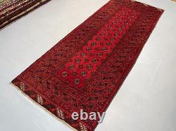 Tapis de couloir large rouge antique turkmène Bukhara Oriental Mouri Gul 3,5x8,9