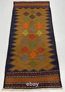Tapis de zone vintage afghan tissé à la main avec bordure tribale en laine brune et kilim persan