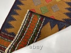 Tapis de zone vintage afghan tissé à la main avec bordure tribale en laine brune et kilim persan