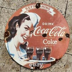 Vintage Coca-cola Porcelaine Signe Coke Soda Store Food Drink Gas Oil Garage Rare