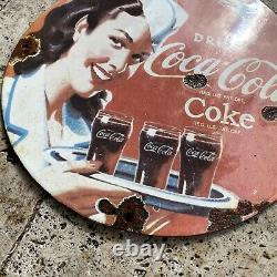 Vintage Coca-cola Porcelaine Signe Coke Soda Store Food Drink Gas Oil Garage Rare
